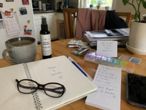 a busy caregivers home workspace