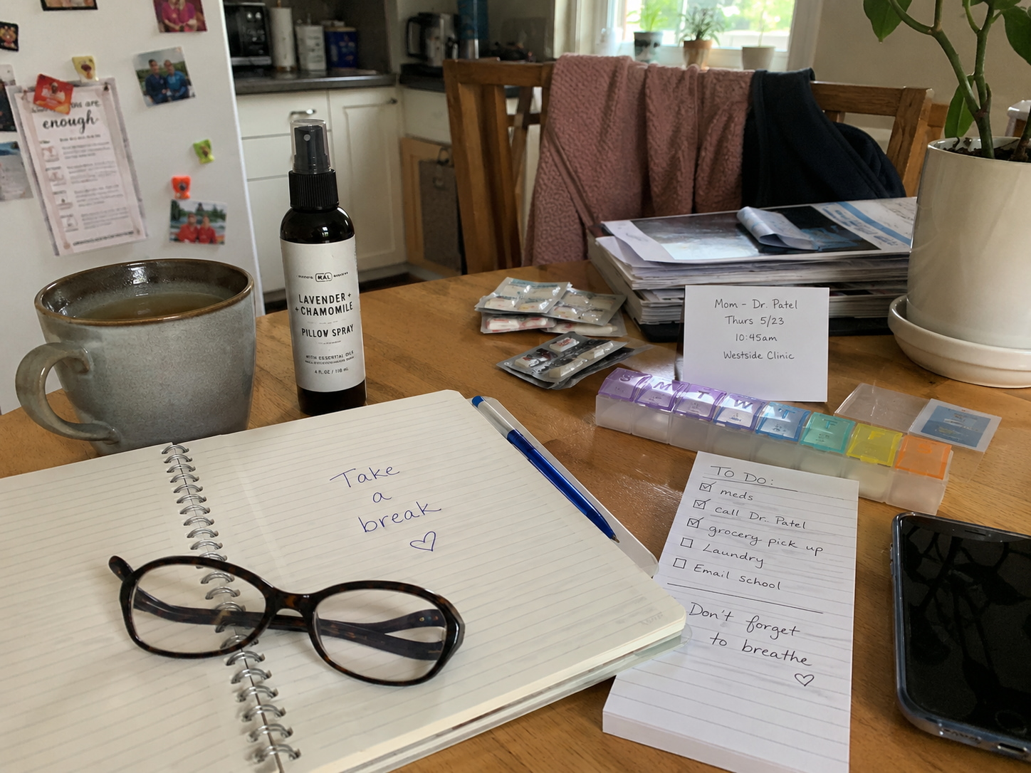 a busy caregivers home workspace